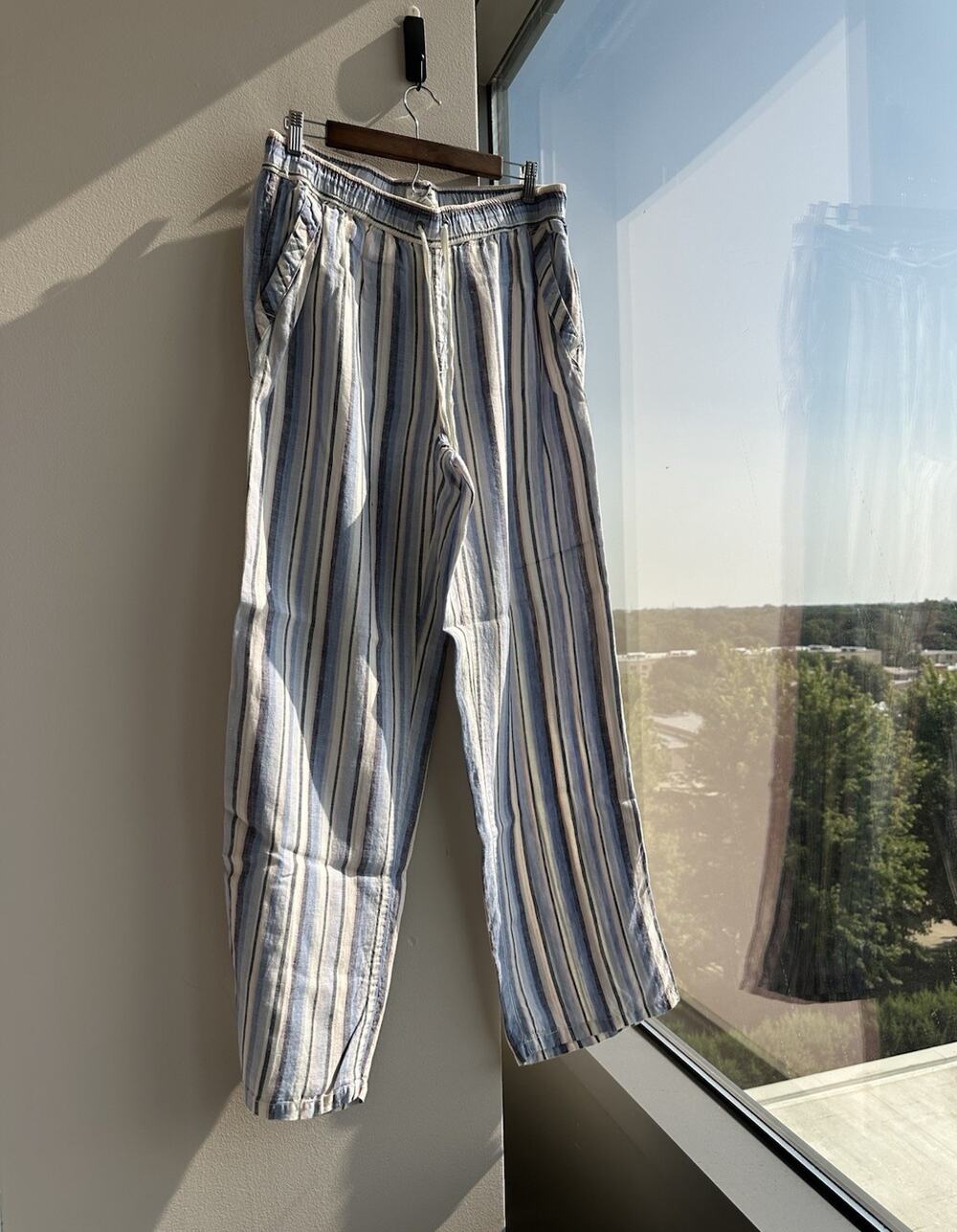 ARTISAN NY Women's Linen Striped Drawstring Elastic Waist Straight Pants L